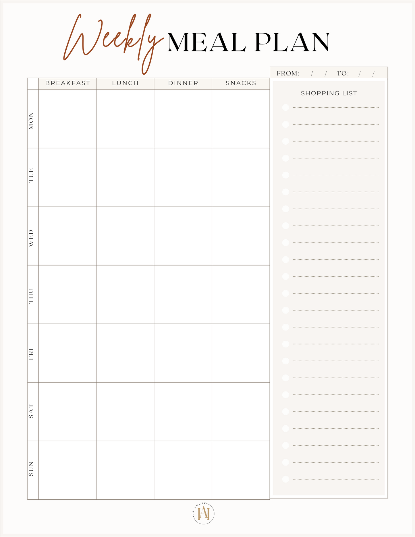 Weekly Meal Planner + Grocery List (Digital Download)